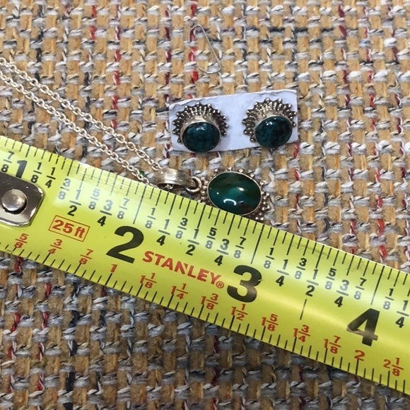 Sterling Silver Granulated Green Malachite Pendant Necklace and Earrings Set - Picture 10 of 16